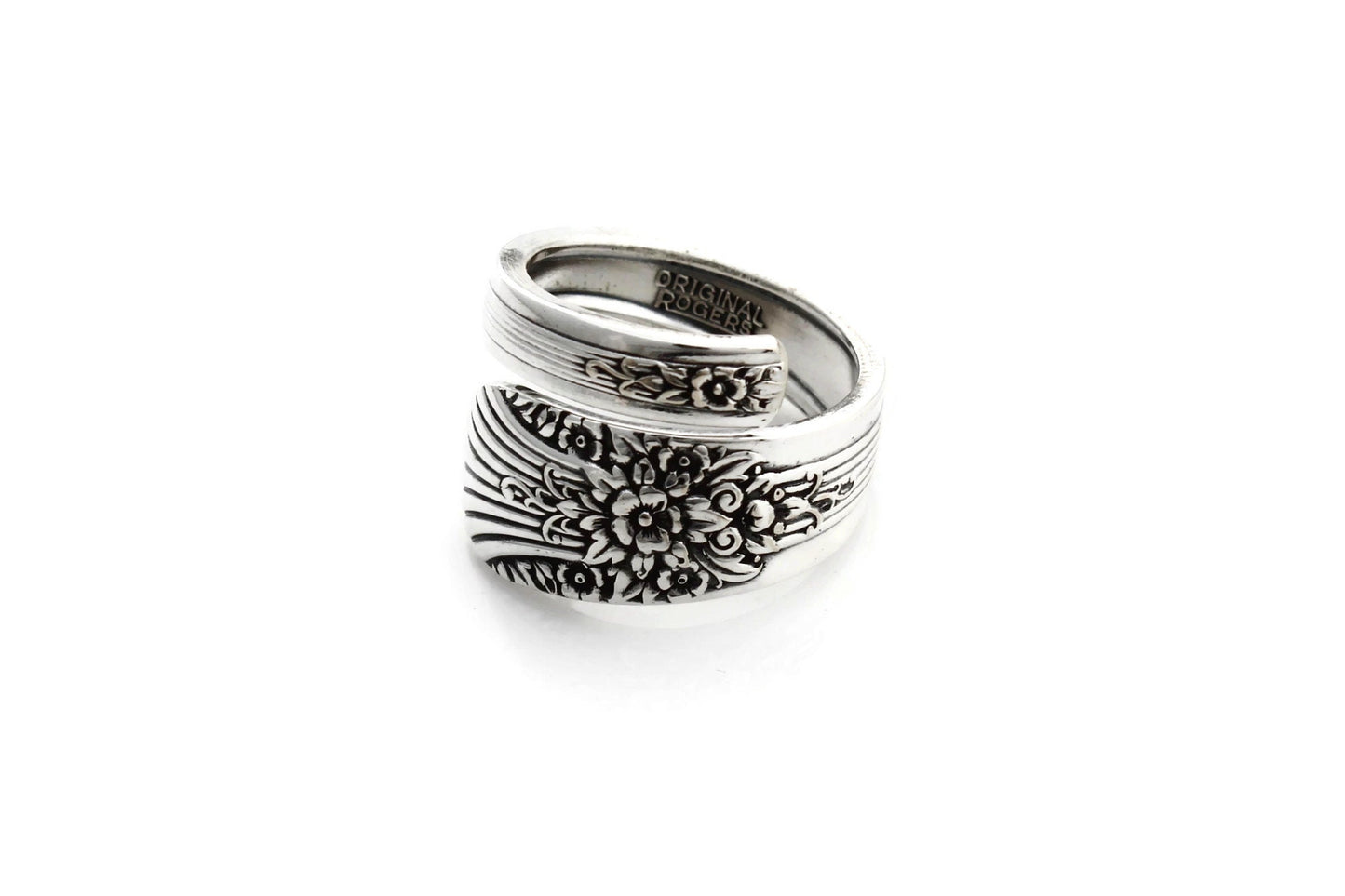 Silver Mist Wrapped Spoon Ring 1935 Marigold or Floral Silverware Jewelry